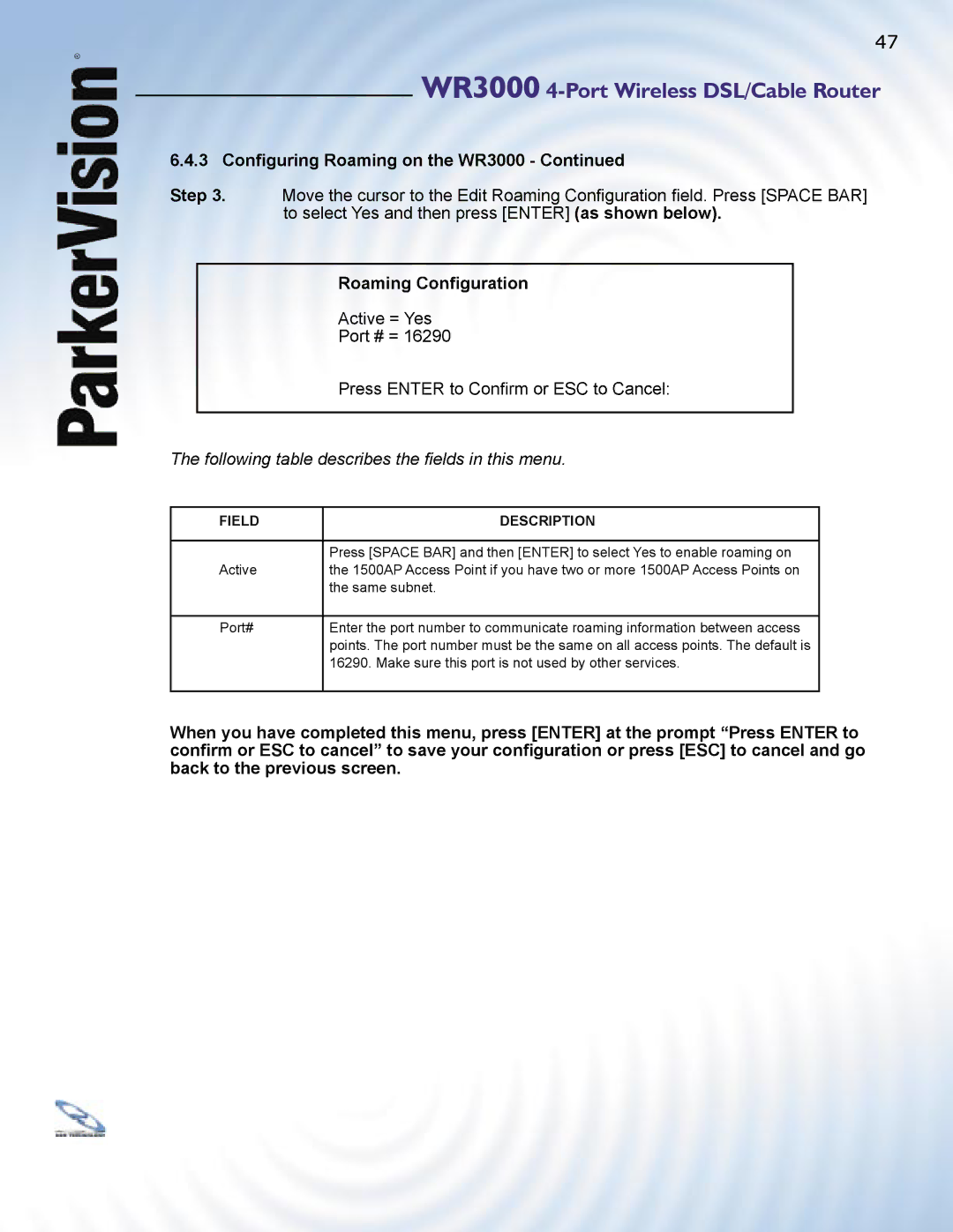 ParkerVision WR3000 manual Field Description 