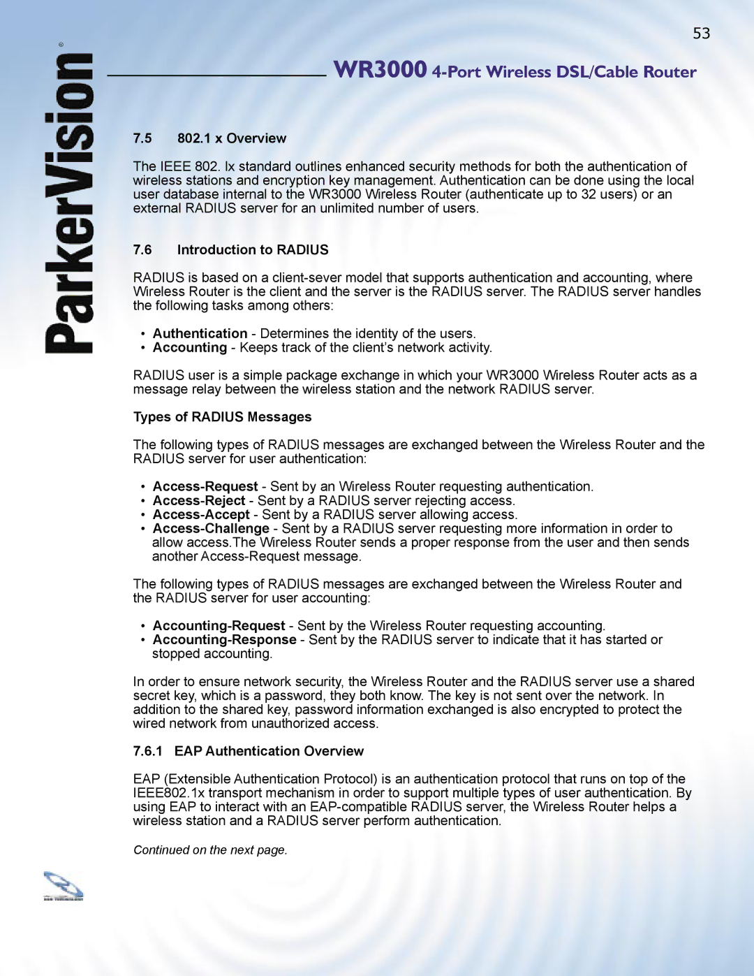 ParkerVision WR3000 manual x Overview, Introduction to Radius, Types of Radius Messages, EAP Authentication Overview 