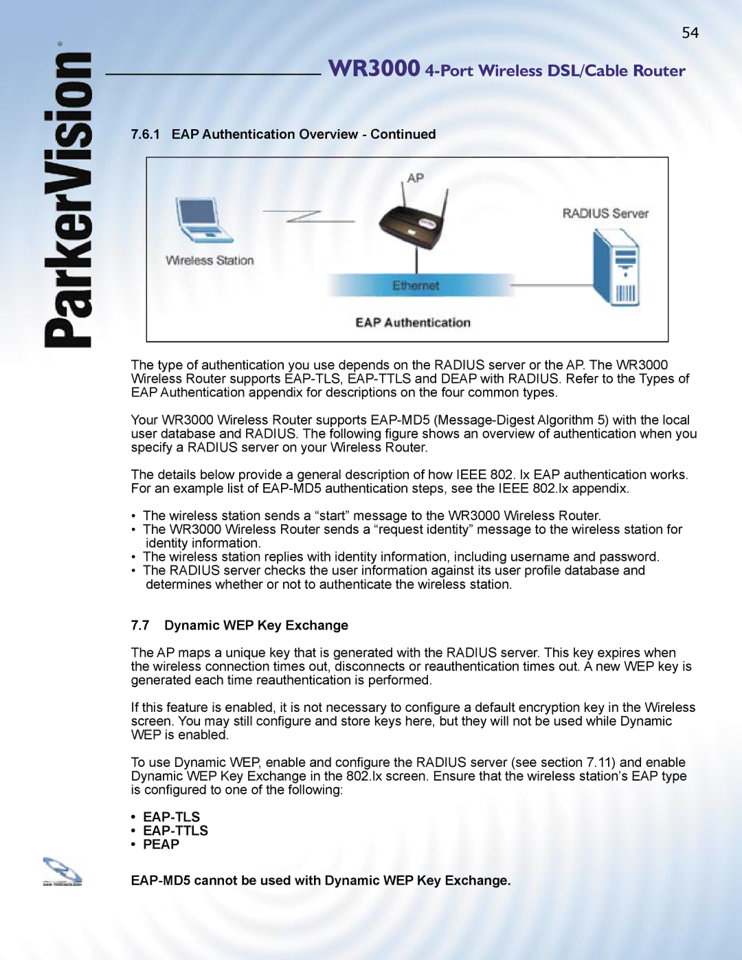 ParkerVision WR3000 manual EAP-MD5 cannot be used with Dynamic WEP Key Exchange 