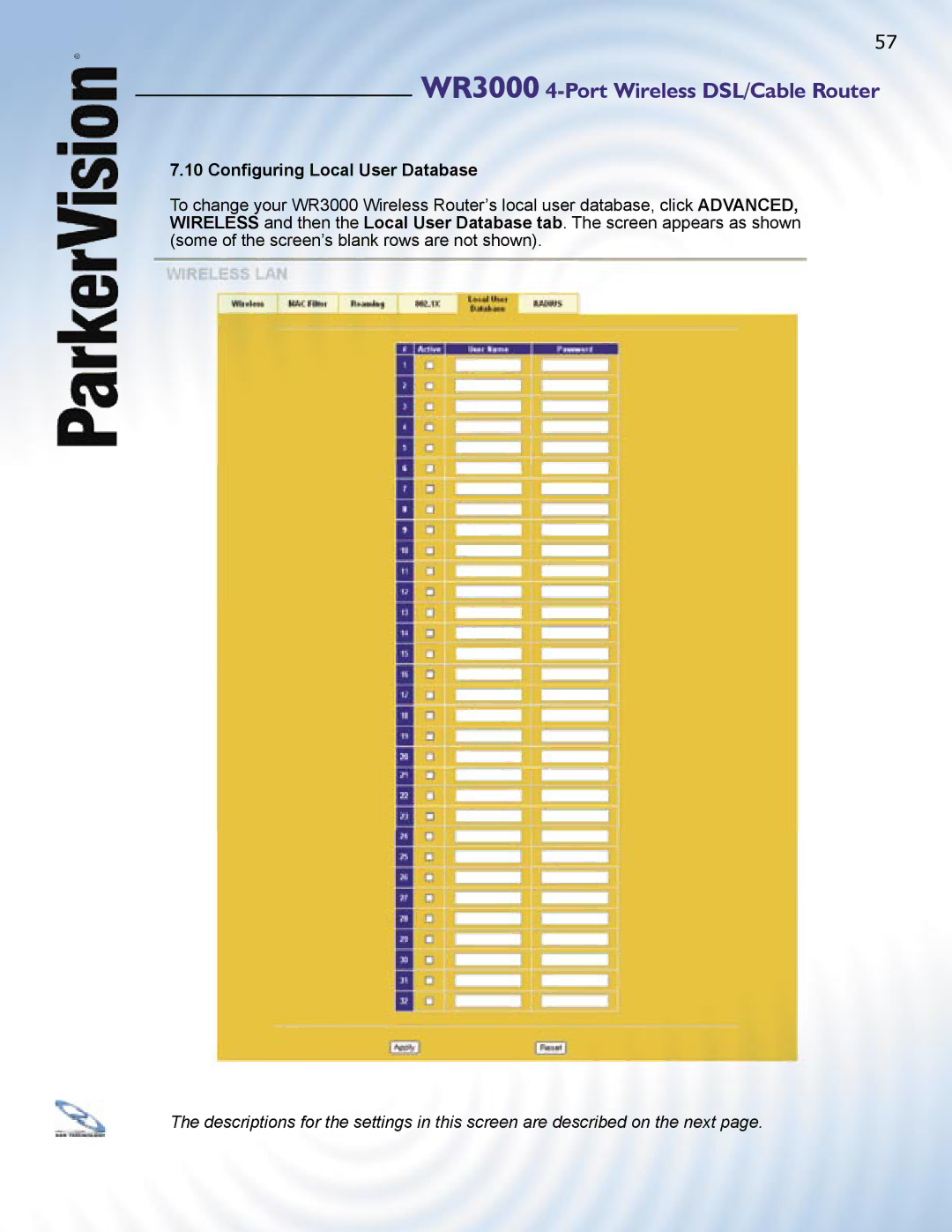 ParkerVision WR3000 manual 10 Conﬁguring Local User Database 