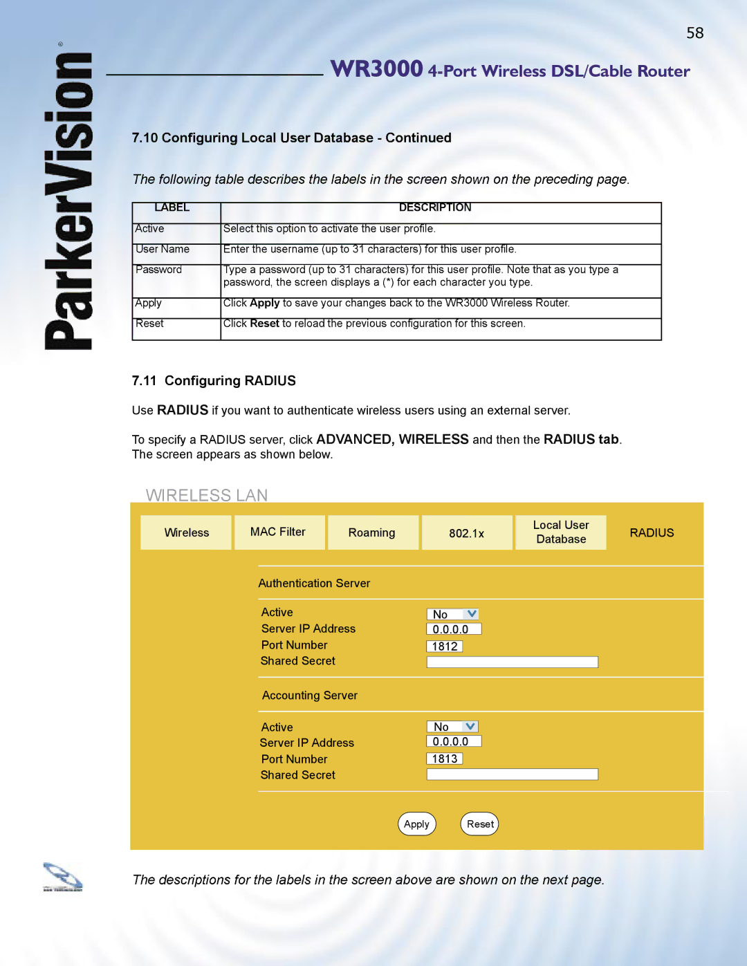 ParkerVision WR3000 manual Wireless LAN, 11 Conﬁguring Radius 