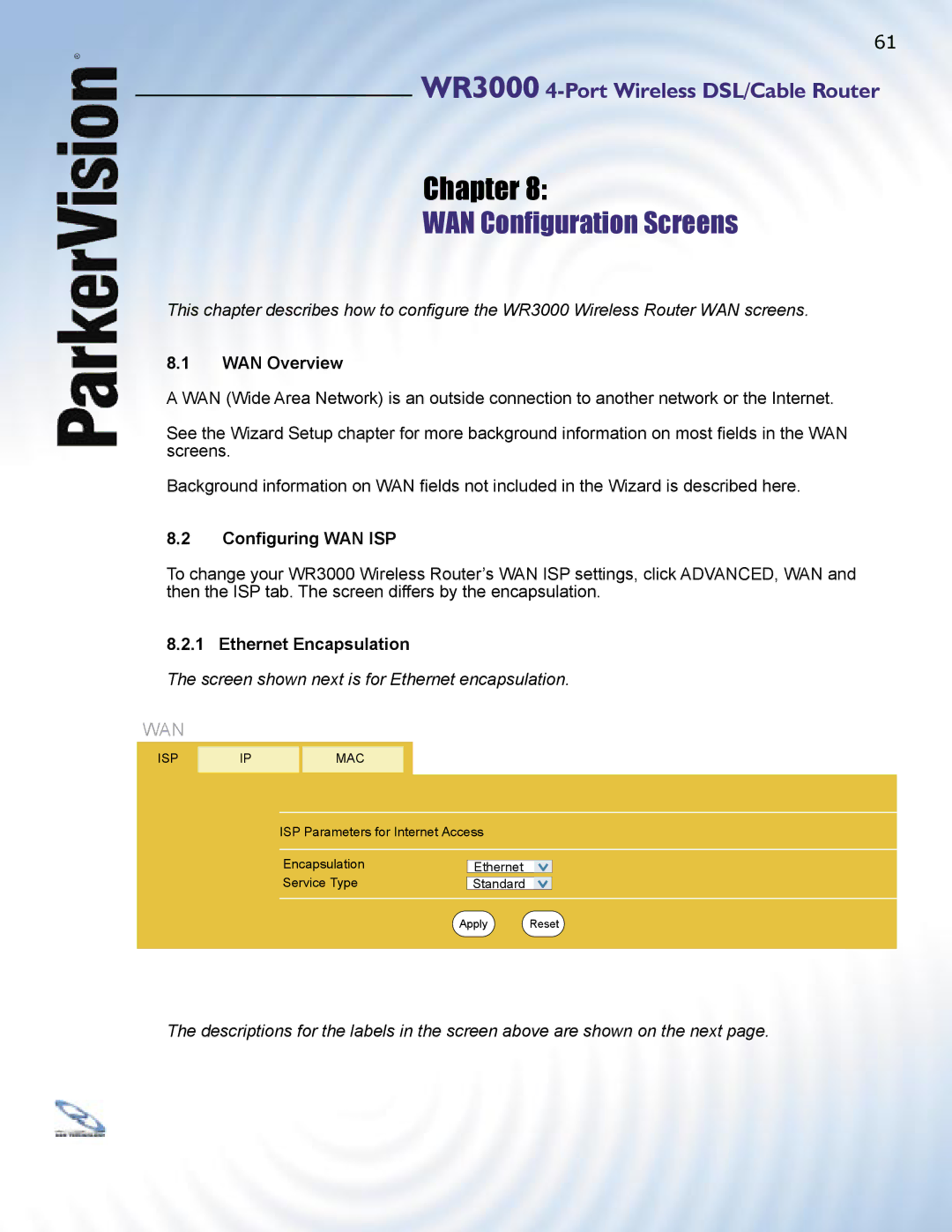 ParkerVision WR3000 manual WAN Conﬁguration Screens, WAN Overview, Conﬁguring WAN ISP, Ethernet Encapsulation 