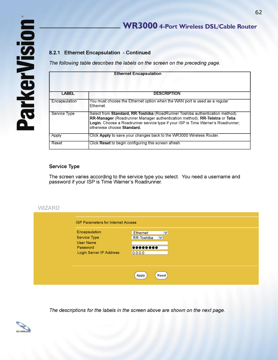 ParkerVision WR3000 manual Wizard, Service Type 