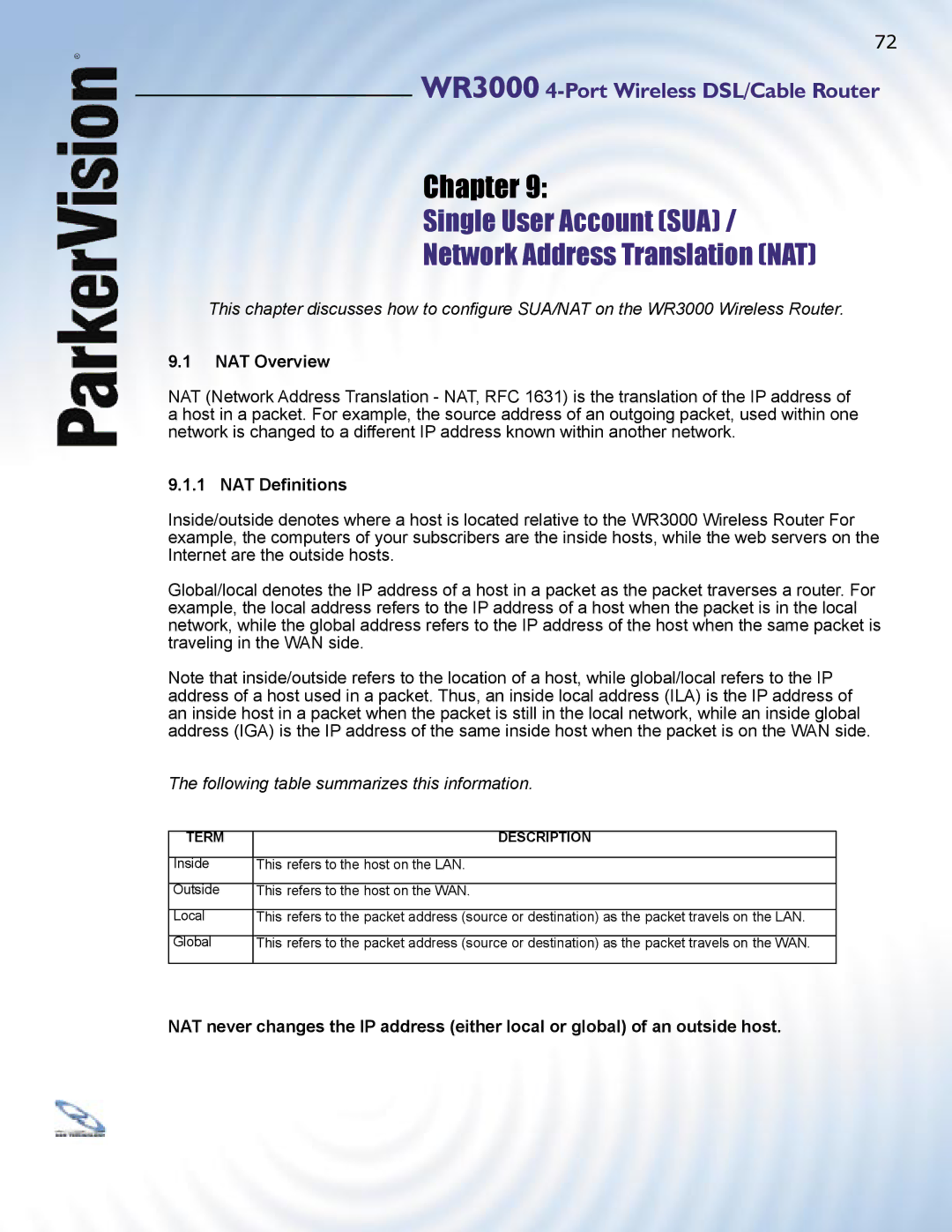 ParkerVision WR3000 manual Single User Account SUA Network Address Translation NAT, NAT Overview, NAT Deﬁnitions 
