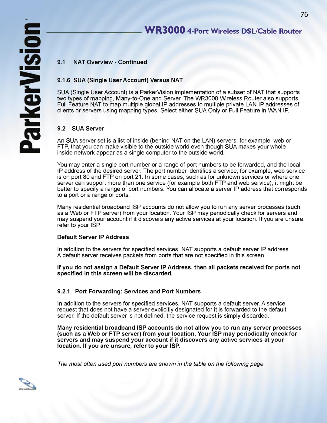 ParkerVision WR3000 manual NAT Overview SUA Single User Account Versus NAT, SUA Server, Default Server IP Address 