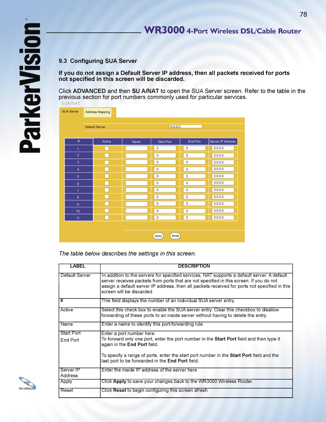 ParkerVision WR3000 manual Table below describes the settings in this screen 