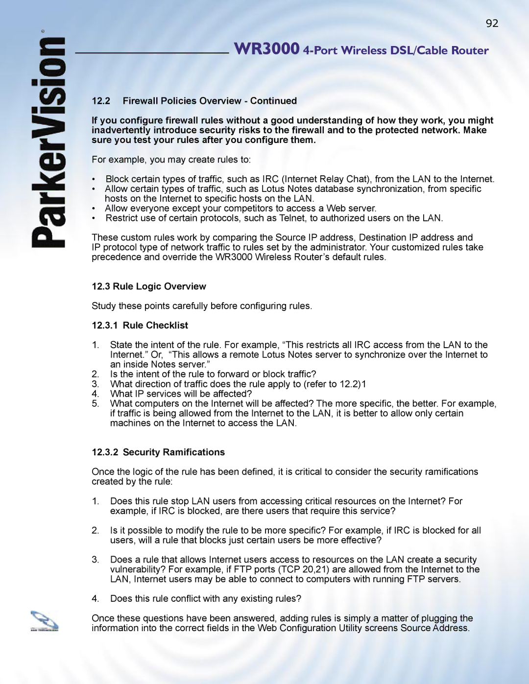 ParkerVision WR3000 manual Rule Logic Overview, Rule Checklist, Security Ramiﬁcations 