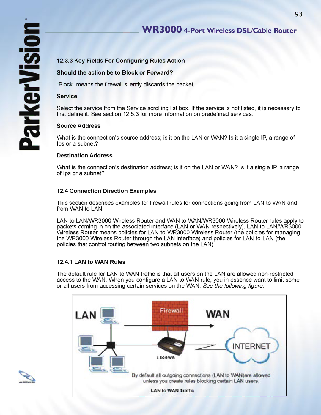 ParkerVision WR3000 manual Service, Source Address, Destination Address, Connection Direction Examples, LAN to WAN Rules 