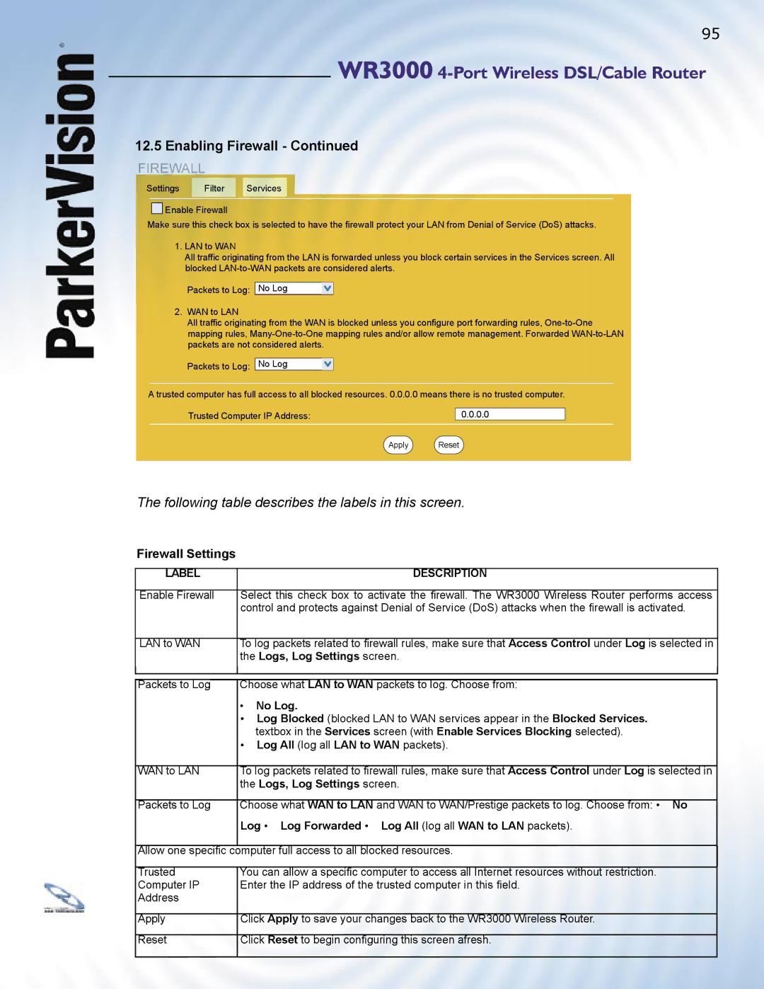 ParkerVision WR3000 manual Firewall Settings, Logs, Log Settings screen 