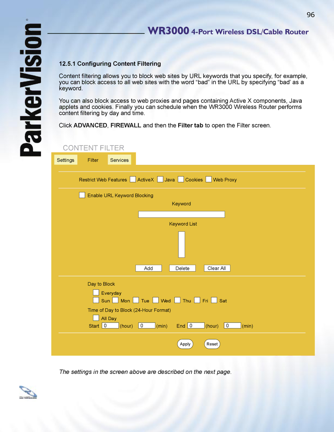 ParkerVision WR3000 manual 12.5.1 Conﬁguring Content Filtering 