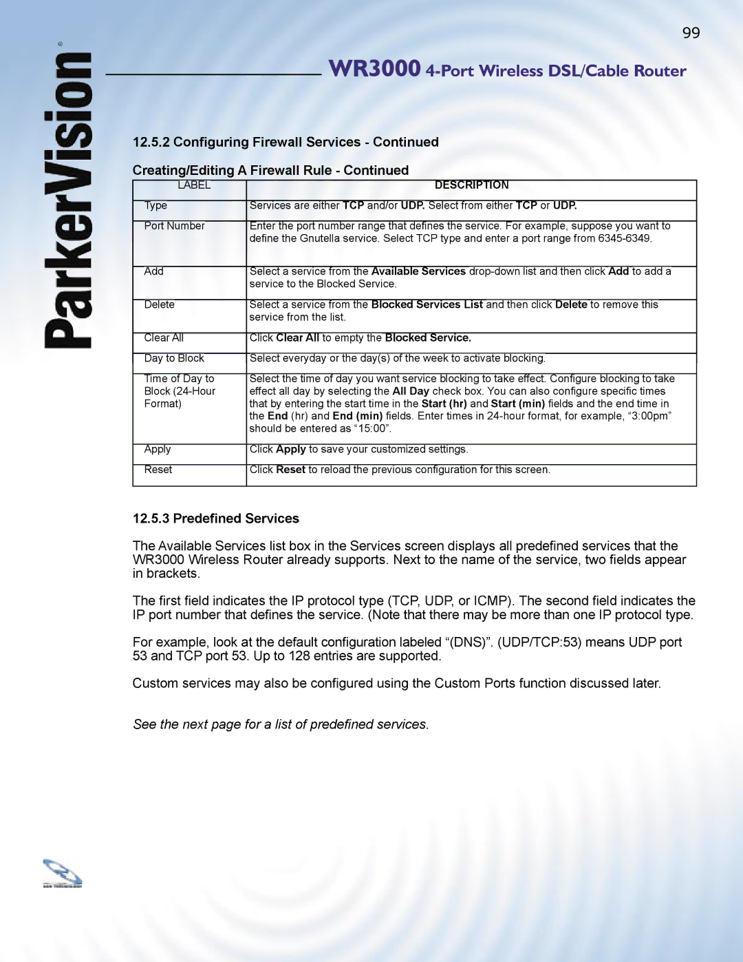 ParkerVision WR3000 manual Predeﬁned Services 