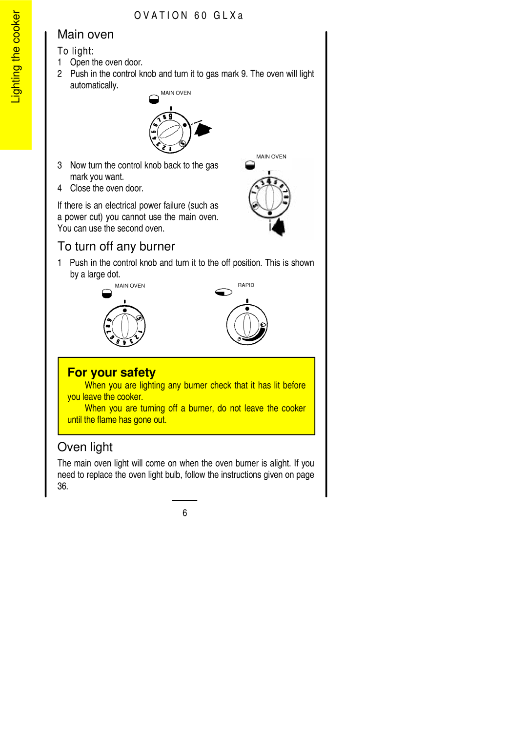 Parkinson Cowan 60 GLXA installation instructions Main oven, To turn off any burner, Oven light 