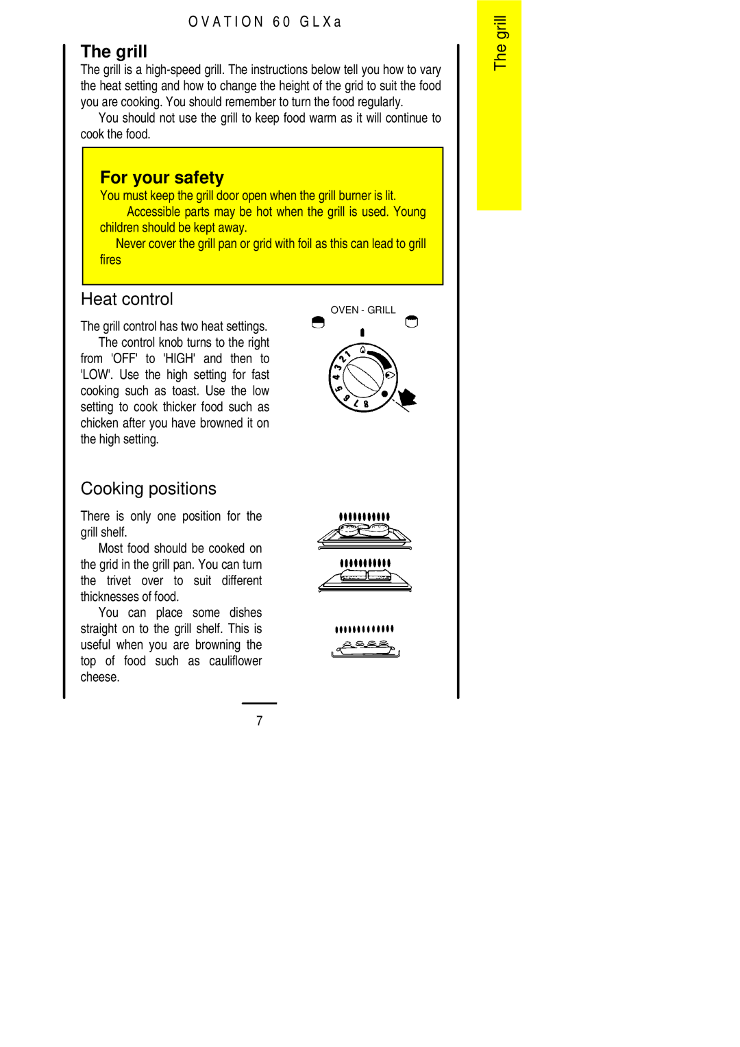 Parkinson Cowan 60 GLXA installation instructions Grill, Heat control, Cooking positions, High setting 