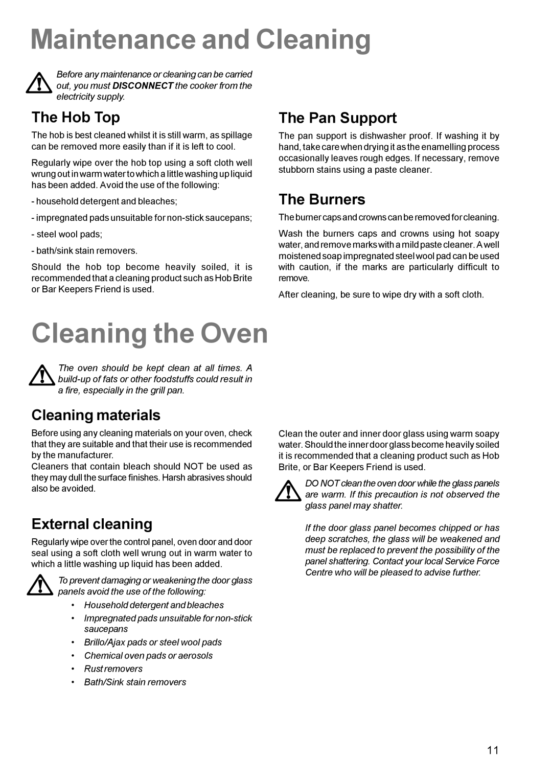 Parkinson Cowan CSIM 509 manual Maintenance and Cleaning, Cleaning the Oven 