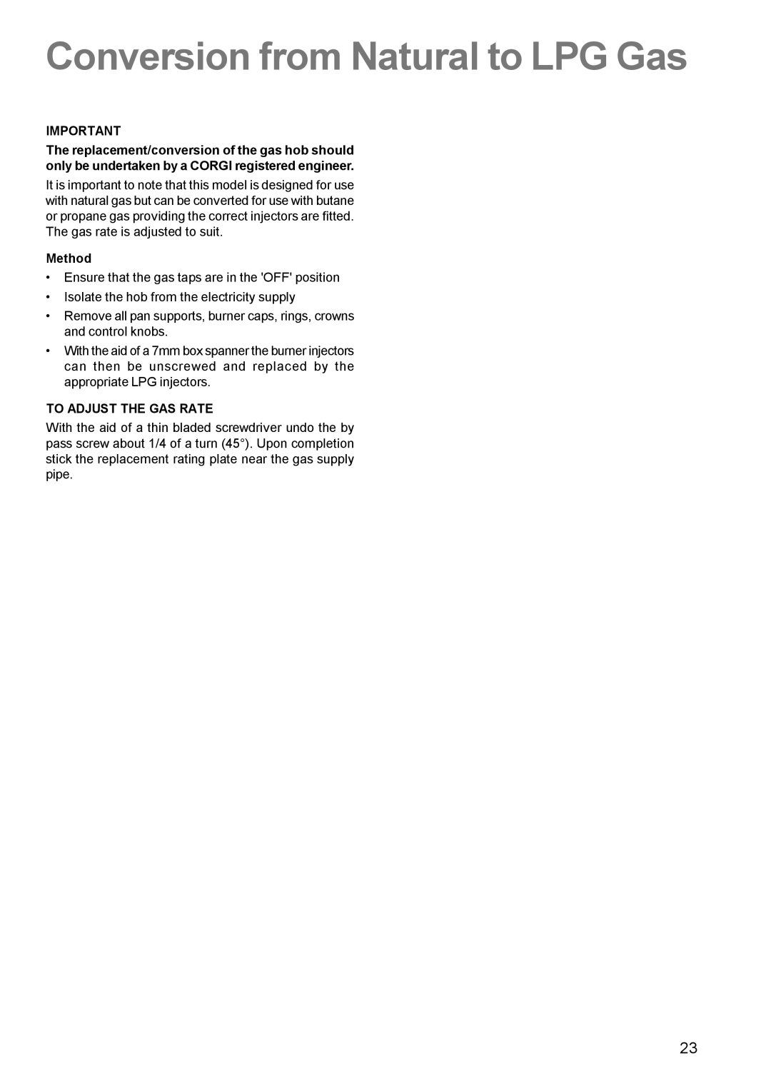 Parkinson Cowan CSIM 509 manual Conversion from Natural to LPG Gas, To Adjust the GAS Rate 