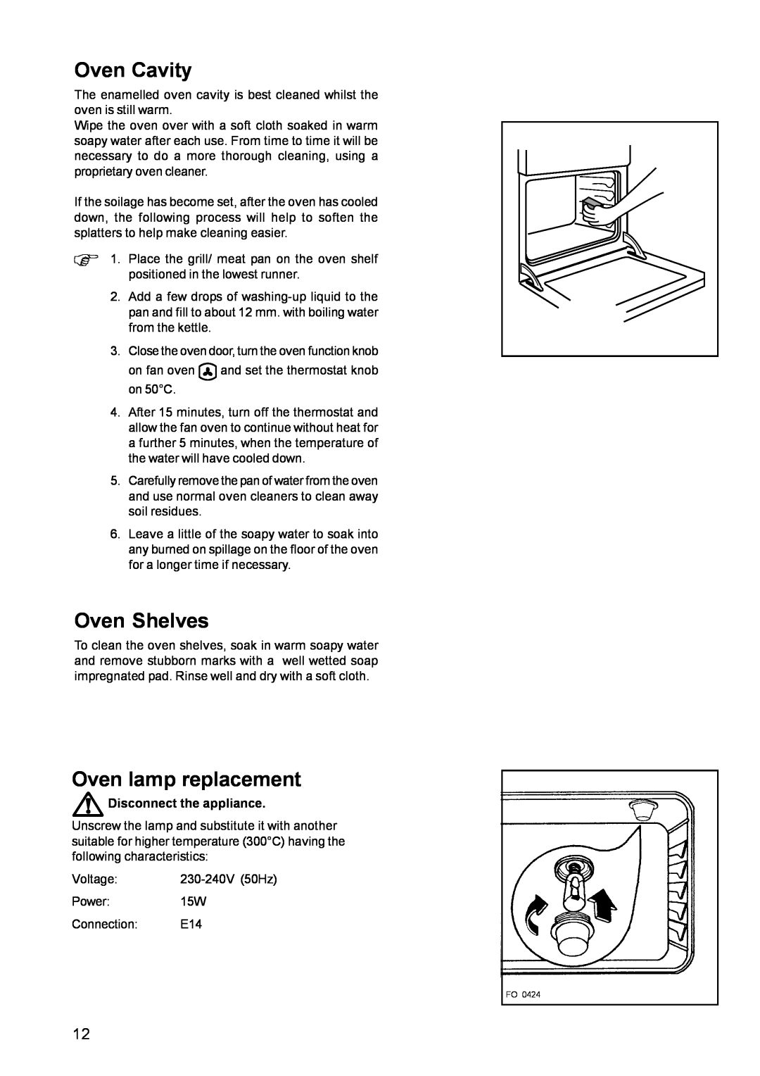 Parkinson Cowan CSIM 509 manual Oven Cavity, Oven Shelves, Oven lamp replacement 