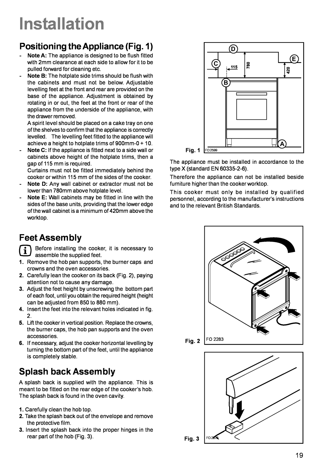 Parkinson Cowan CSIM 509 manual Installation, Positioning the Appliance Fig, Feet Assembly, Splash back Assembly 