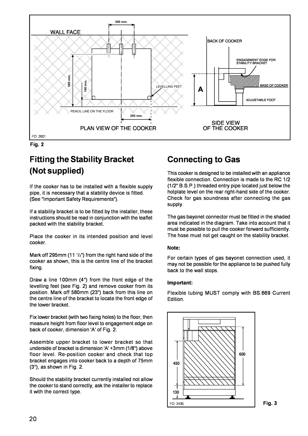 Parkinson Cowan CSIM 509 Fitting the Stability Bracket Not supplied, Connecting to Gas, Wall Face, Plan View Of The Cooker 