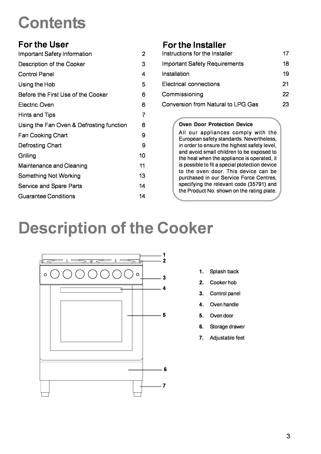 Parkinson Cowan CSIM 509 manual Contents, Description of the Cooker, For the User, For the Installer 