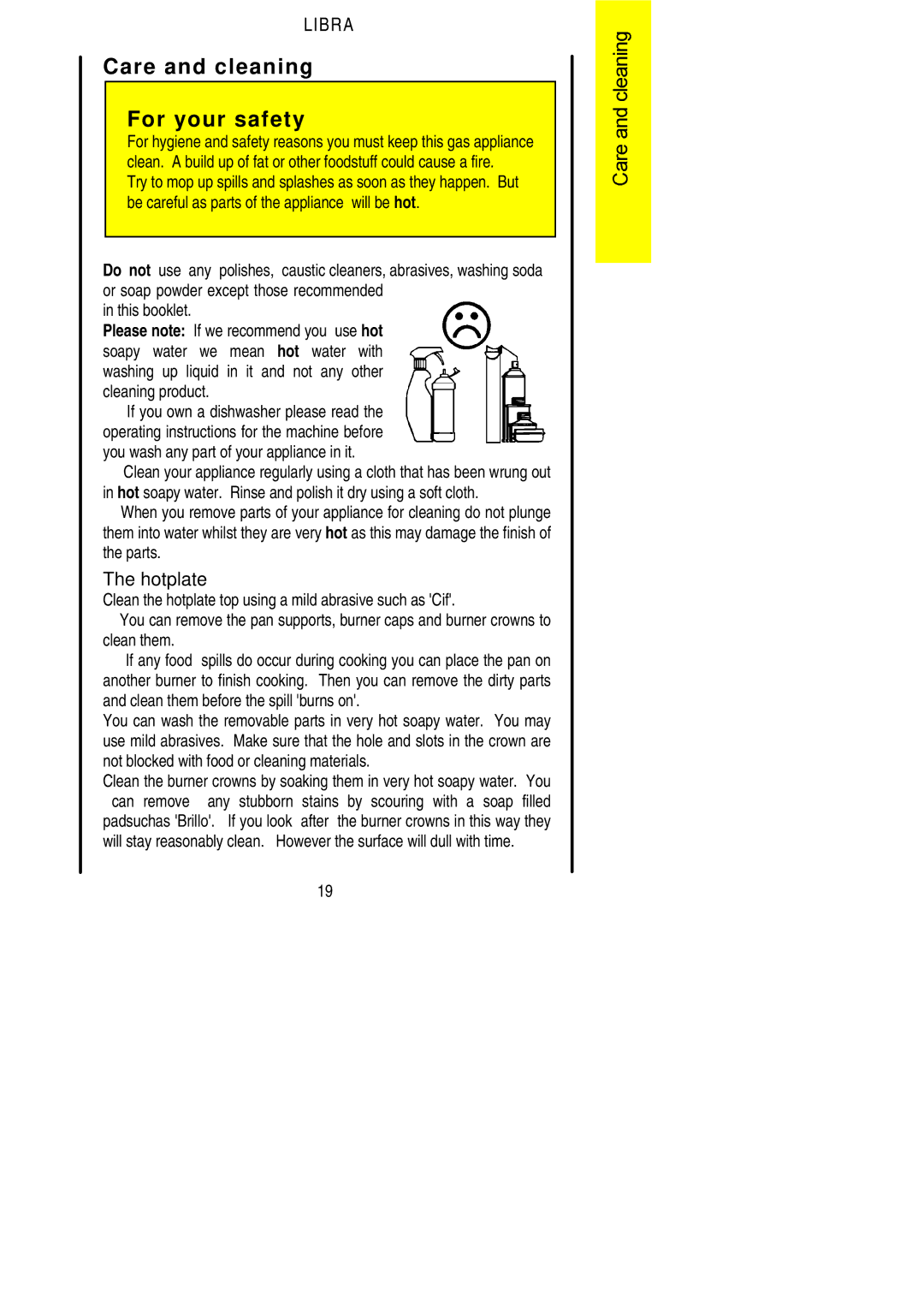 Parkinson Cowan Libra installation instructions Care and cleaning For your safety, Hotplate 