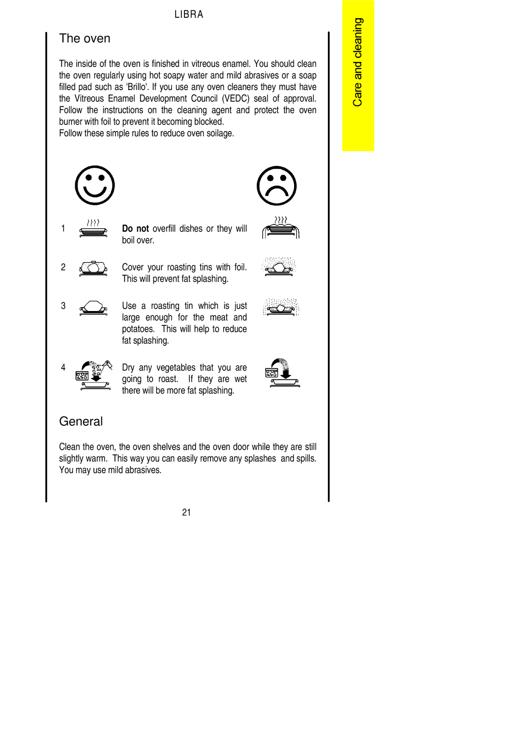 Parkinson Cowan Libra General, Follow these simple rules to reduce oven soilage, Boil over, Fat splashing 