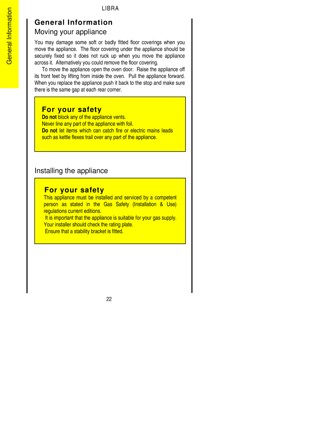 Parkinson Cowan Libra installation instructions General Information, Moving your appliance, Installing the appliance 