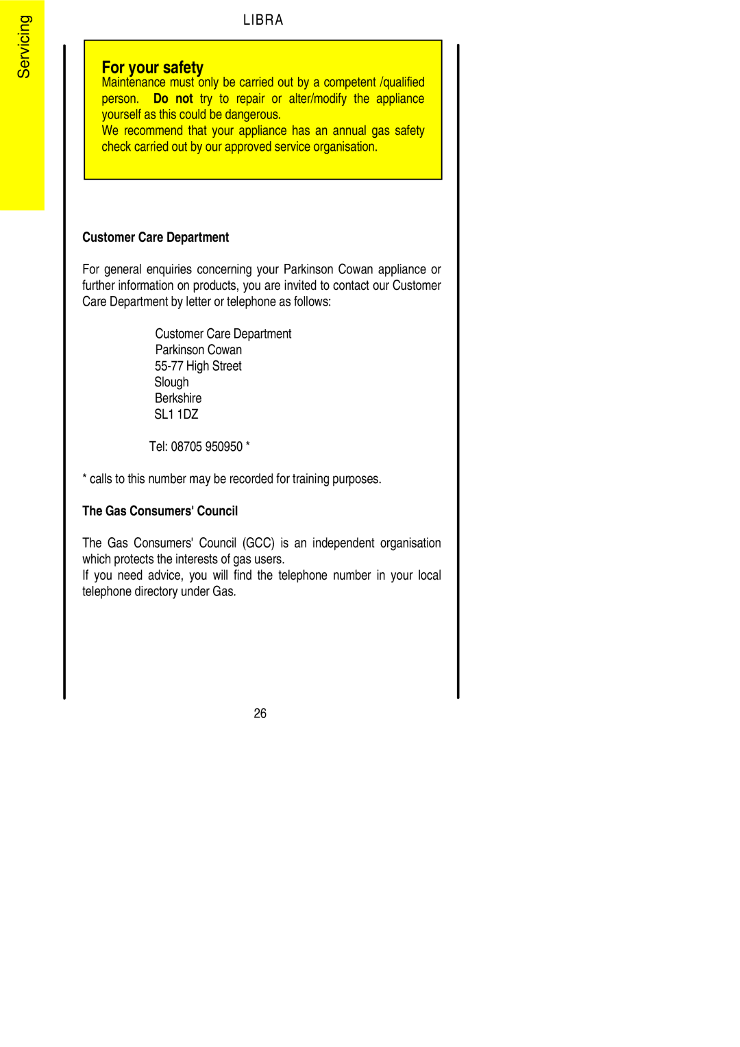 Parkinson Cowan Libra installation instructions Customer Care Department 