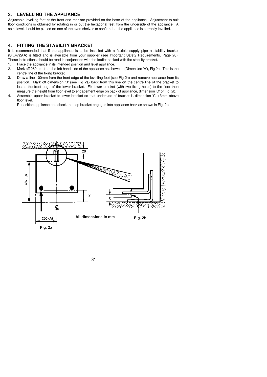 Parkinson Cowan Libra installation instructions Levelling the Appliance, Fitting the Stability Bracket 