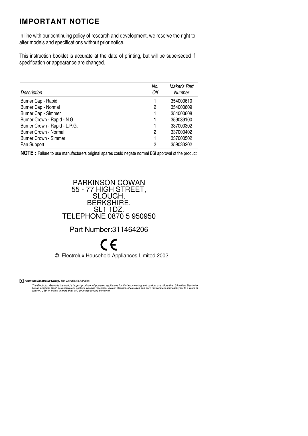 Parkinson Cowan Libra installation instructions 55 77 High Street, SL1 1DZ Telephone 0870 5 Part Number311464206 