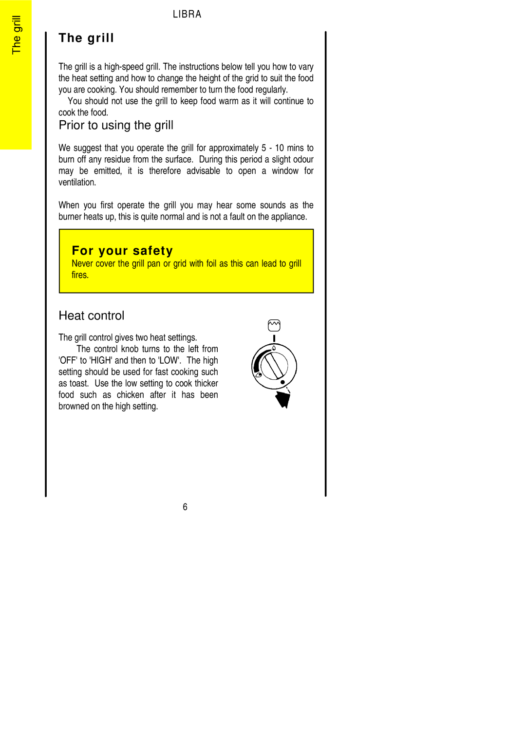 Parkinson Cowan Libra Prior to using the grill, Heat control, Grill control gives two heat settings 