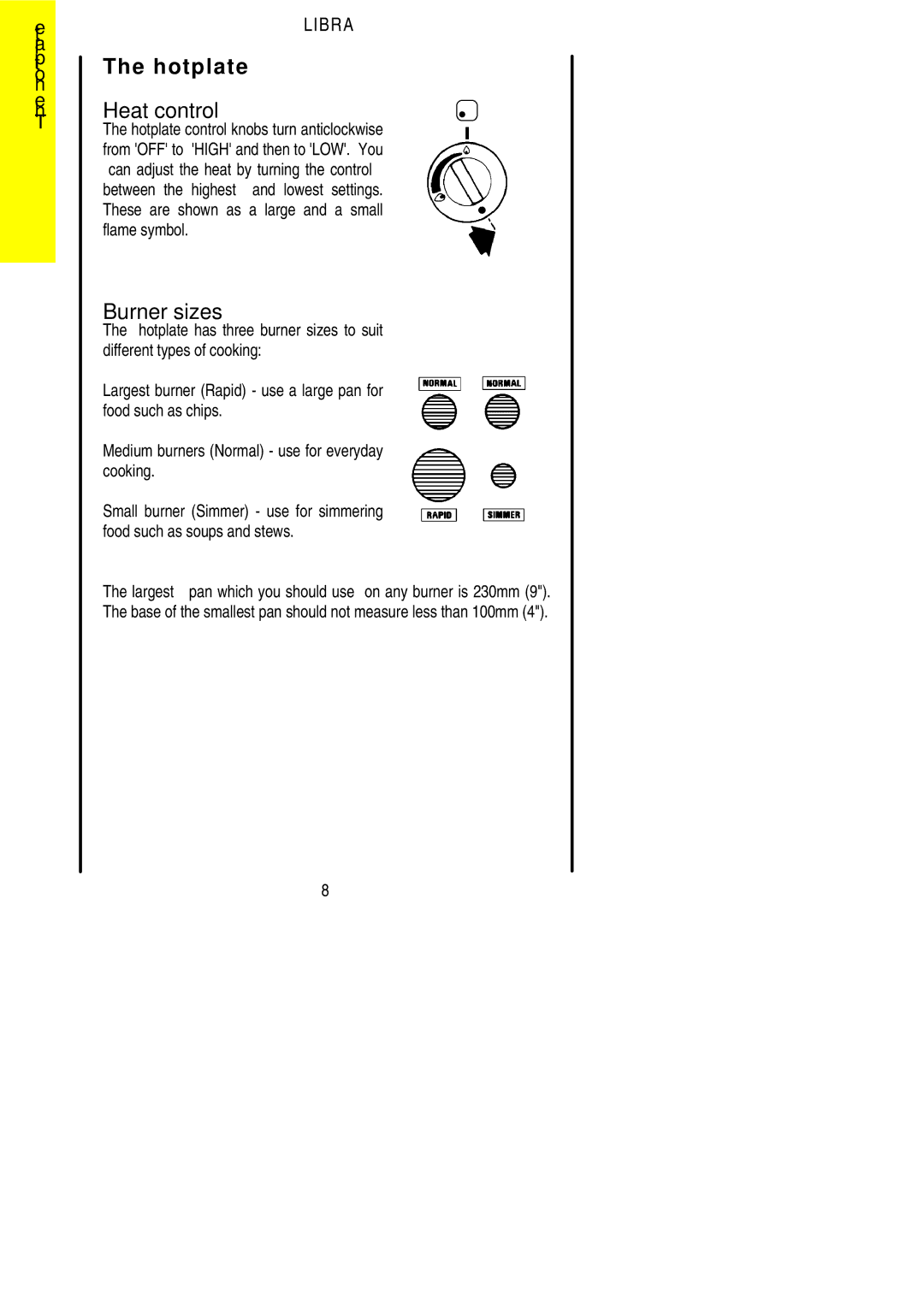 Parkinson Cowan Libra installation instructions Hotplate, Burner sizes 