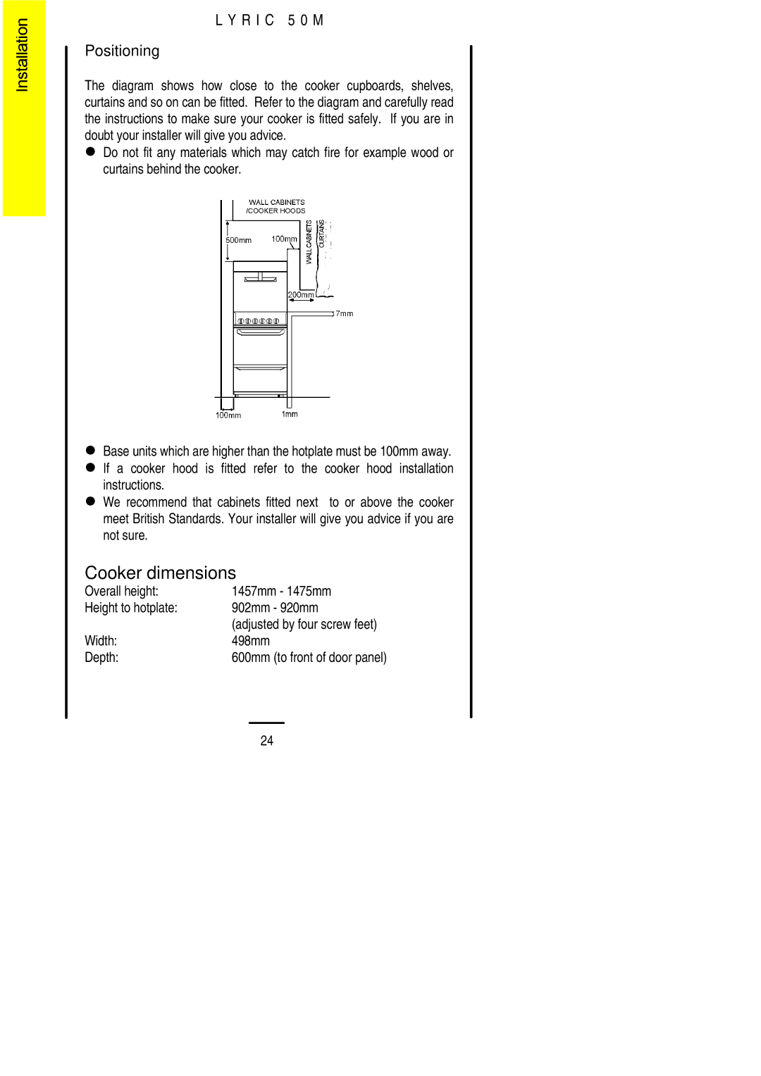 Parkinson Cowan LYRIC 50M installation instructions Cooker dimensions, R I C 5 0 M Positioning, Width 498mm Depth 