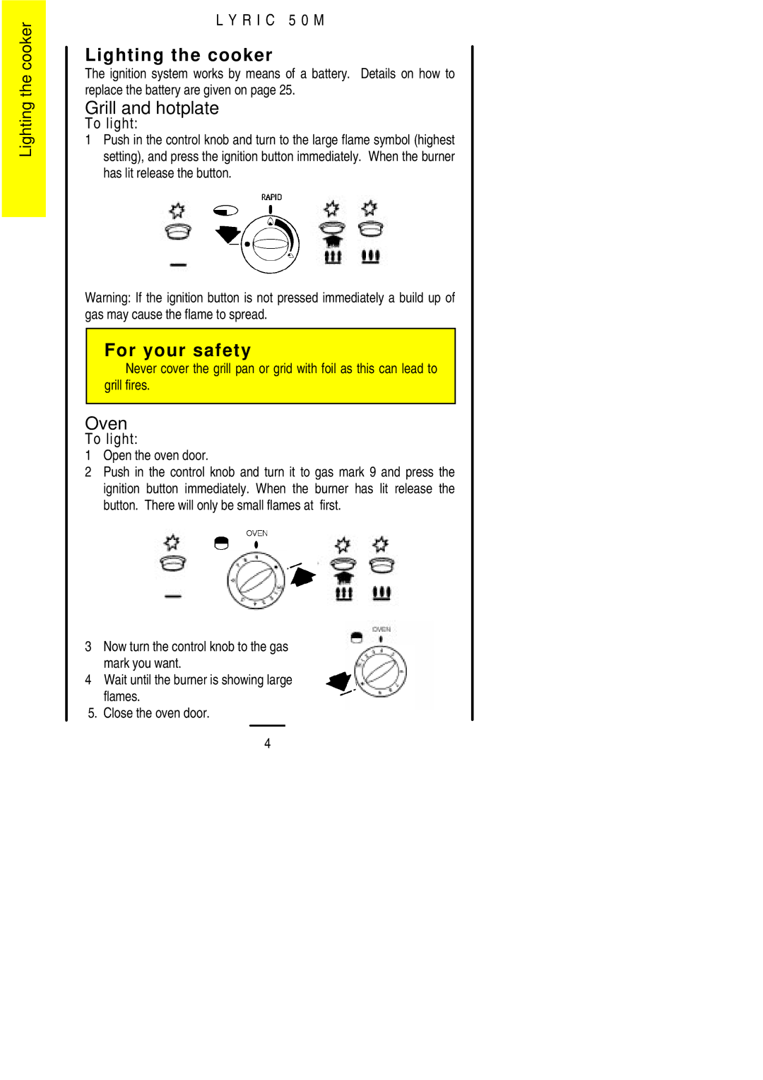 Parkinson Cowan LYRIC 50M Lighting the cooker, Grill and hotplate, Oven, To light, Open the oven door 