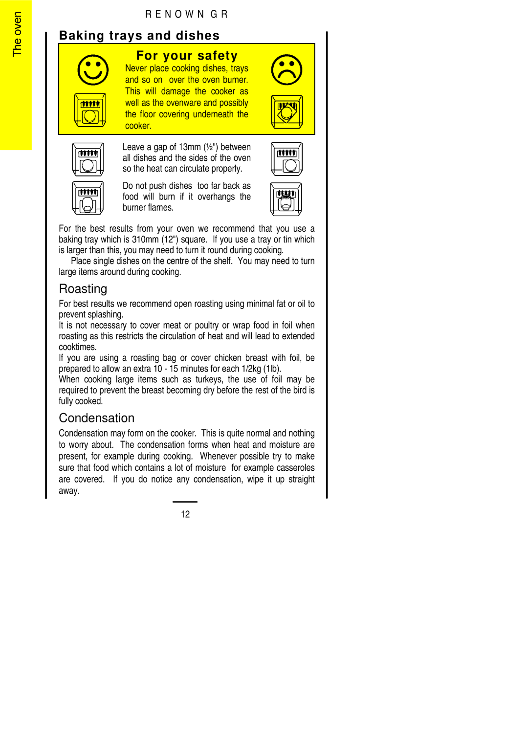 Parkinson Cowan Renown GR installation instructions Baking trays and dishes For your safety, Roasting, Condensation 