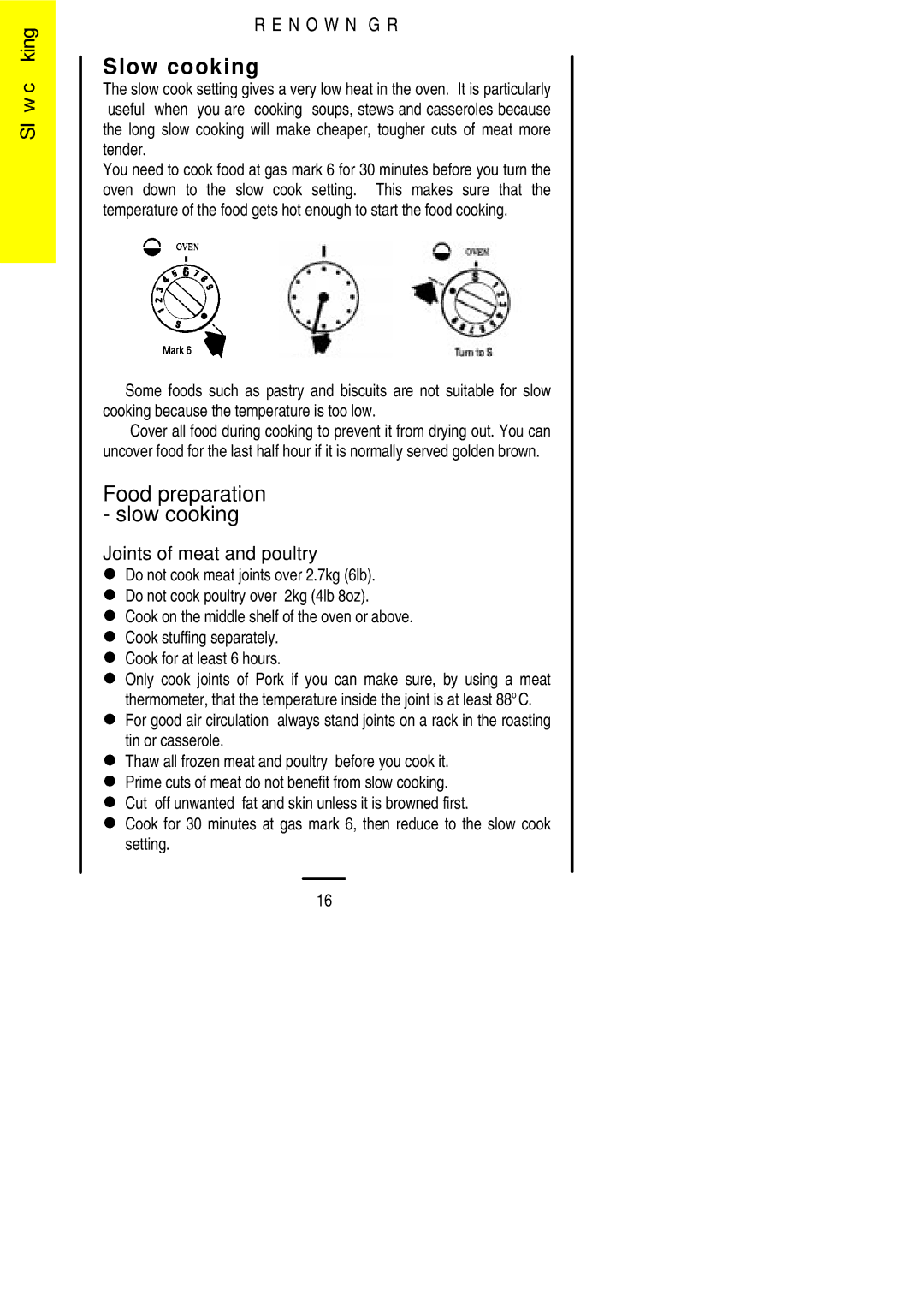 Parkinson Cowan Renown GR installation instructions Slow cooking, Food preparation slow cooking, Joints of meat and poultry 