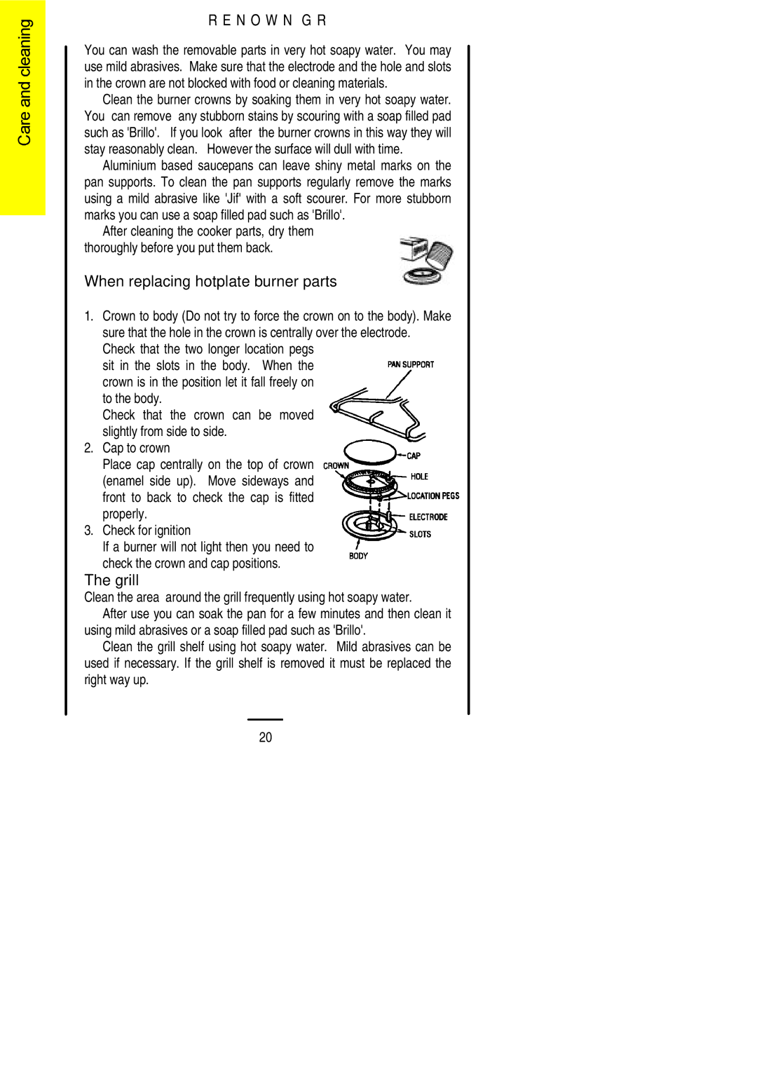 Parkinson Cowan Renown GR installation instructions When replacing hotplate burner parts, Grill 