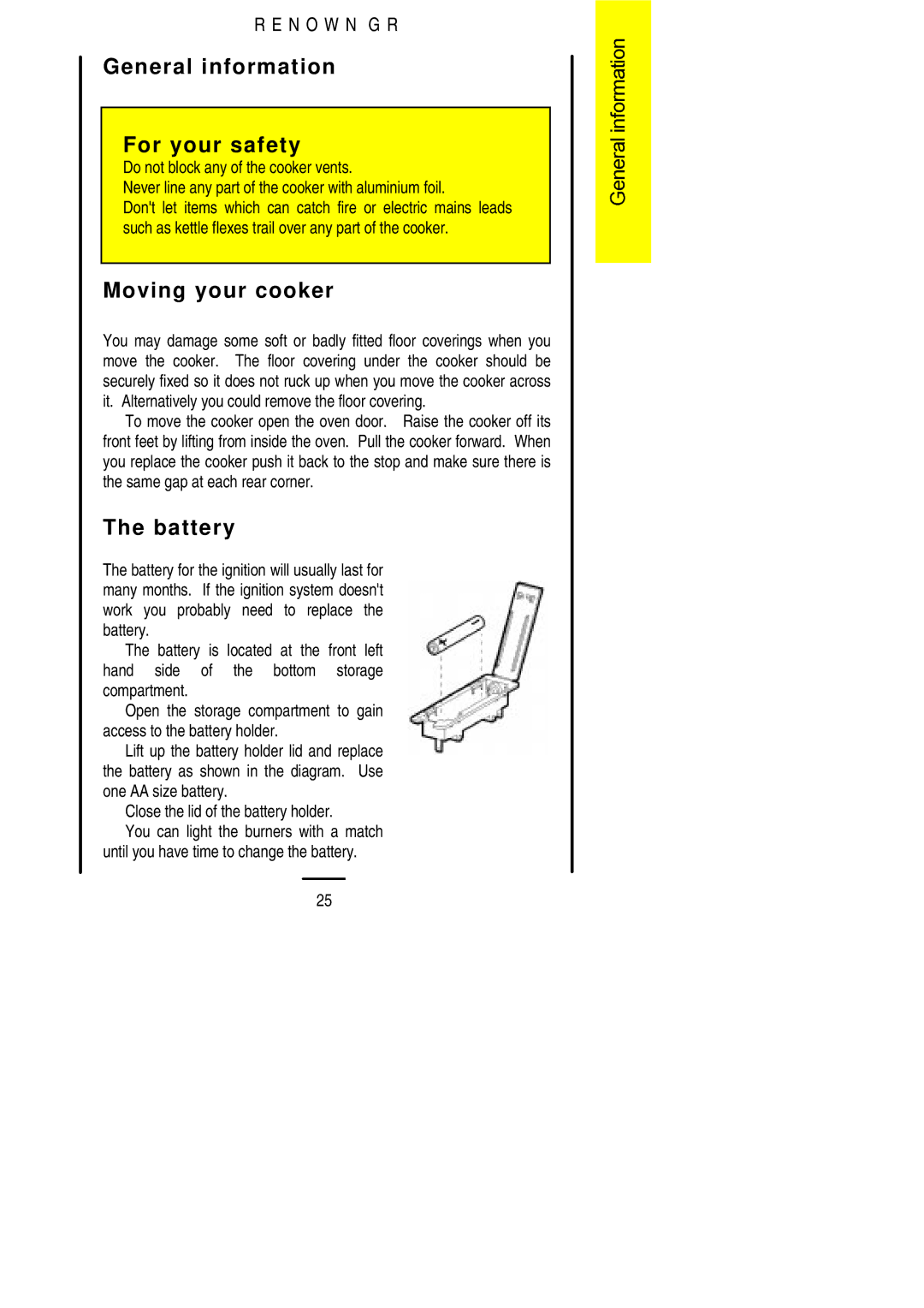 Parkinson Cowan Renown GR installation instructions General information For your safety, Moving your cooker, Battery 