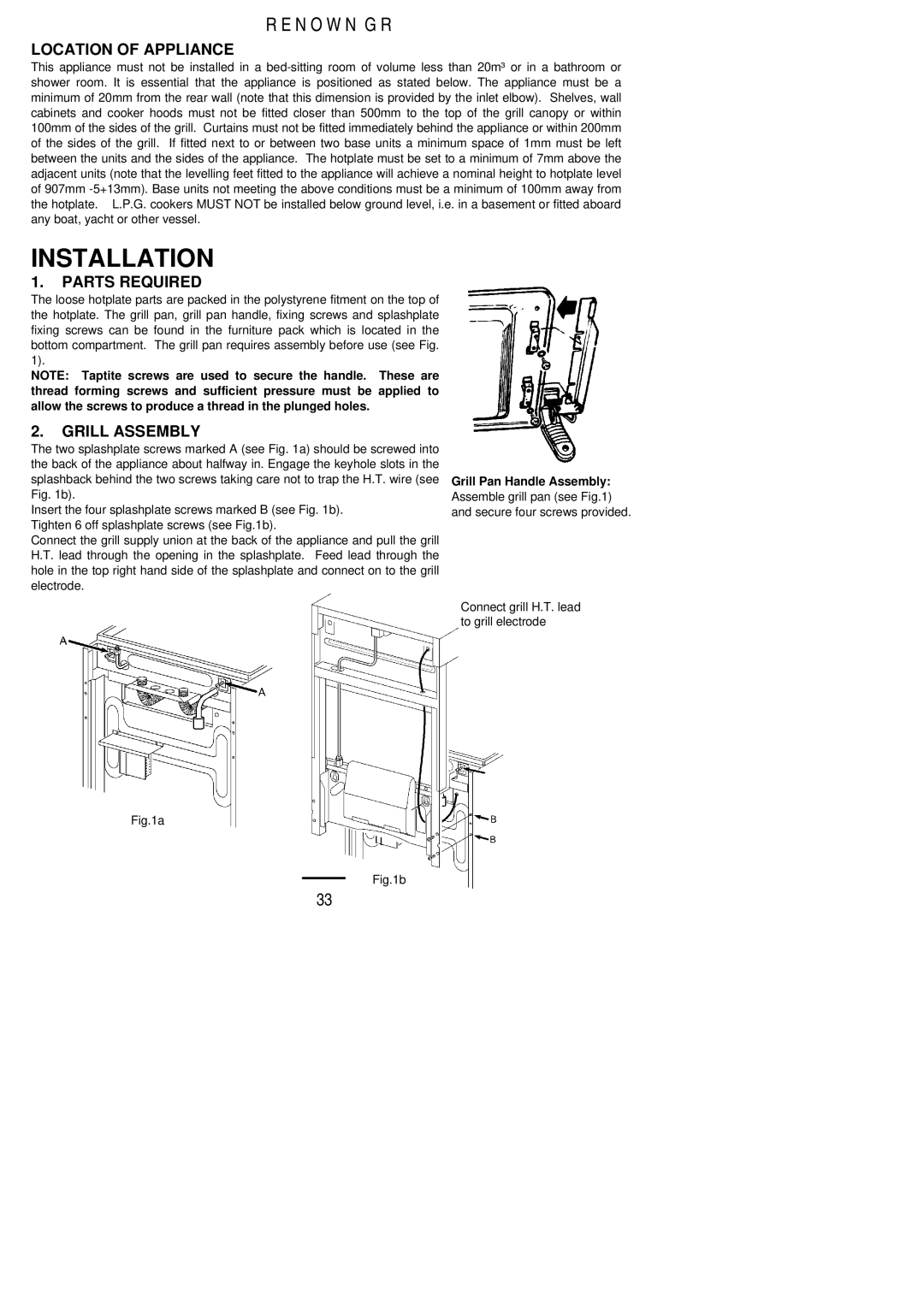 Parkinson Cowan Renown GR installation instructions Location of Appliance, Parts Required, Grill Assembly 