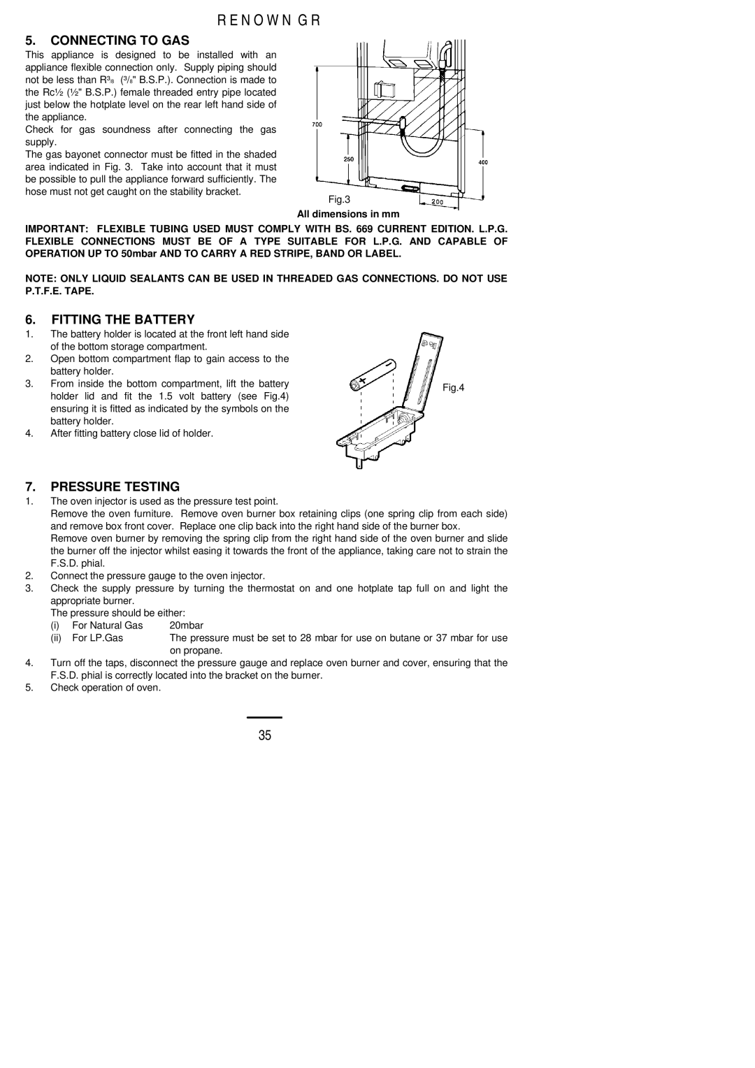 Parkinson Cowan Renown GR installation instructions Connecting to GAS, Fitting the Battery, Pressure Testing 