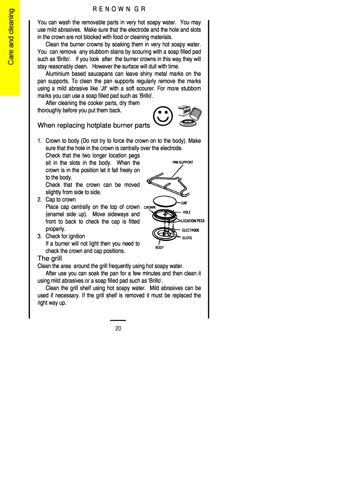 Parkinson Cowan Renown GR installation instructions When replacing hotplate burner parts, The grill, R E N O W N G R 