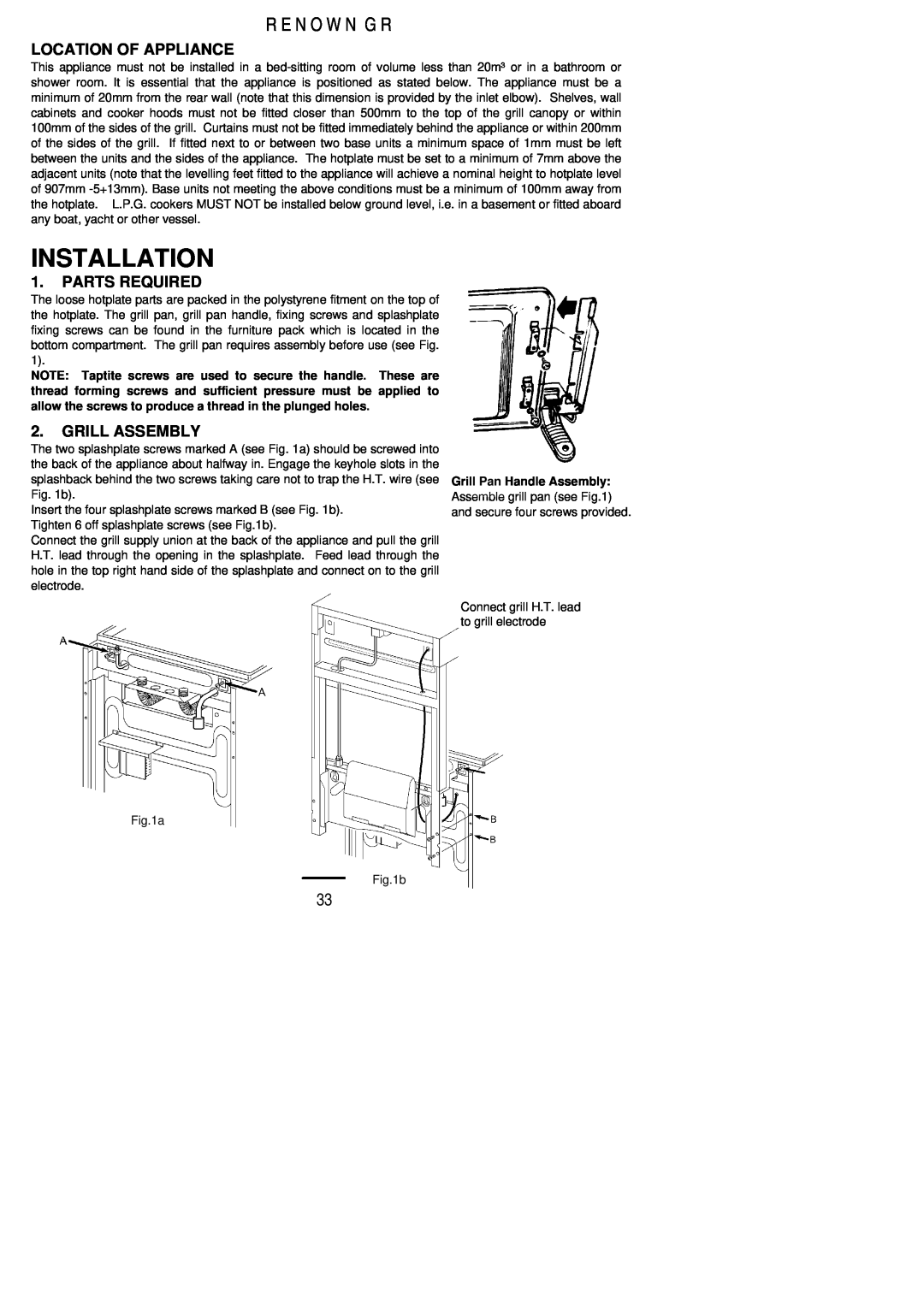 Parkinson Cowan Renown GR Installation, R E N O W N G R, Location Of Appliance, Parts Required, Grill Assembly 