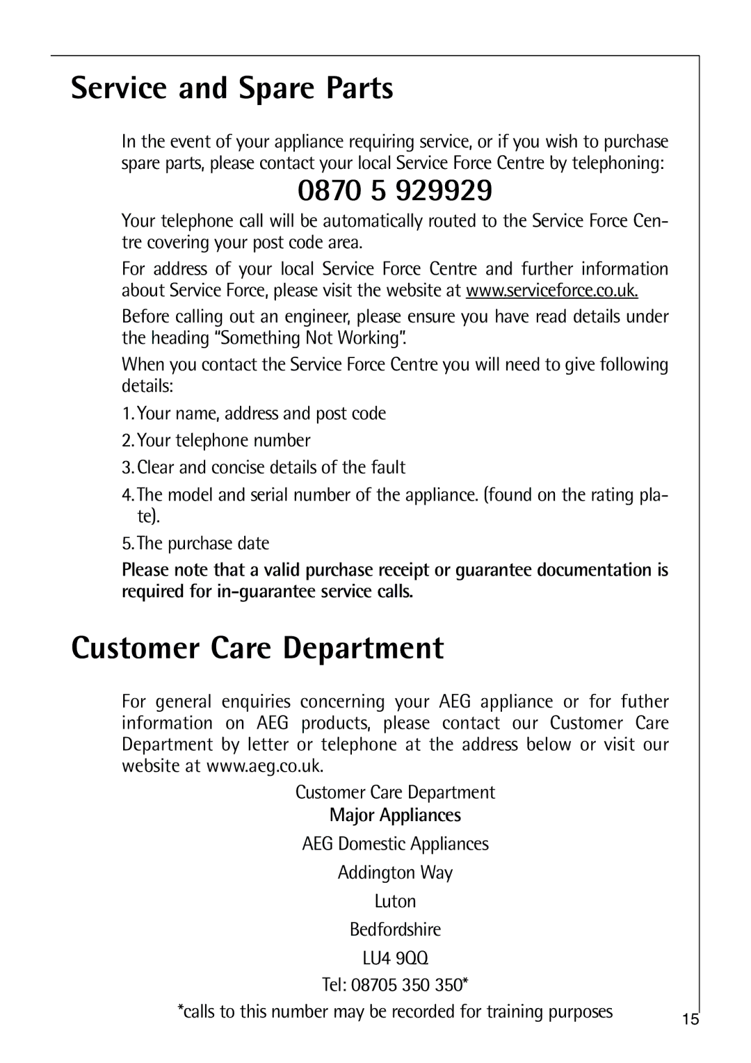 Parkinson Cowan SANTO K 9, SANTO K 18, SANTO K 40-5i user manual Service and Spare Parts, 0870 5, Customer Care Department 