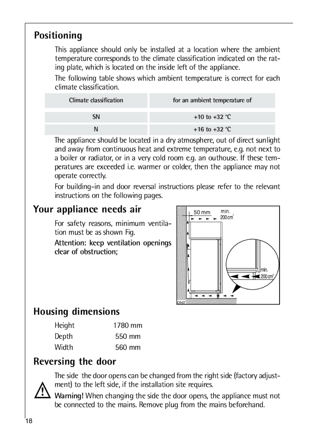 Parkinson Cowan SANTO K 9, SANTO K 18 Positioning, Your appliance needs air, Housing dimensions, Reversing the door 