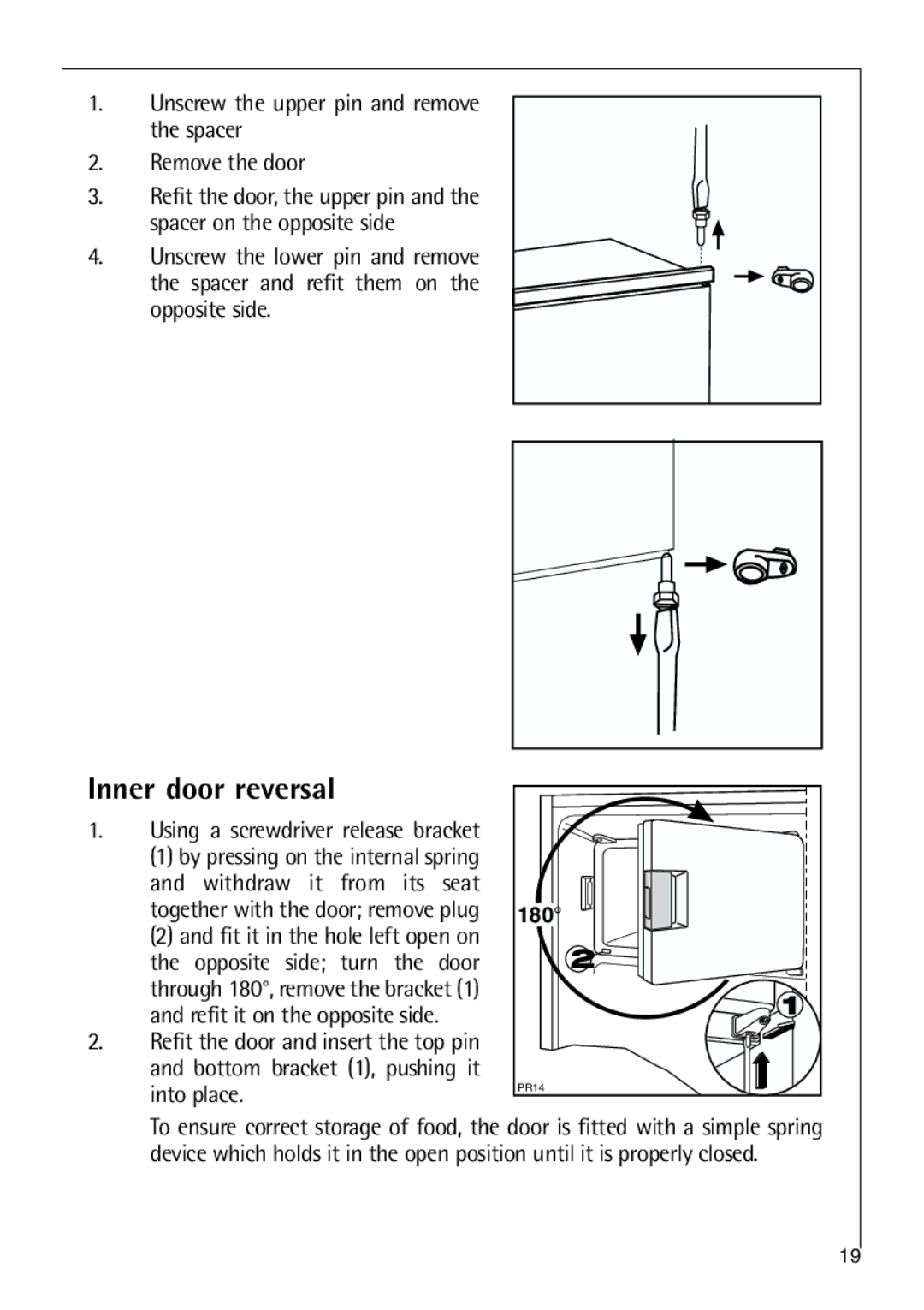 Parkinson Cowan SANTO K 18, SANTO K 9 Inner door reversal, Unscrew the upper pin and remove the spacer Remove the door 