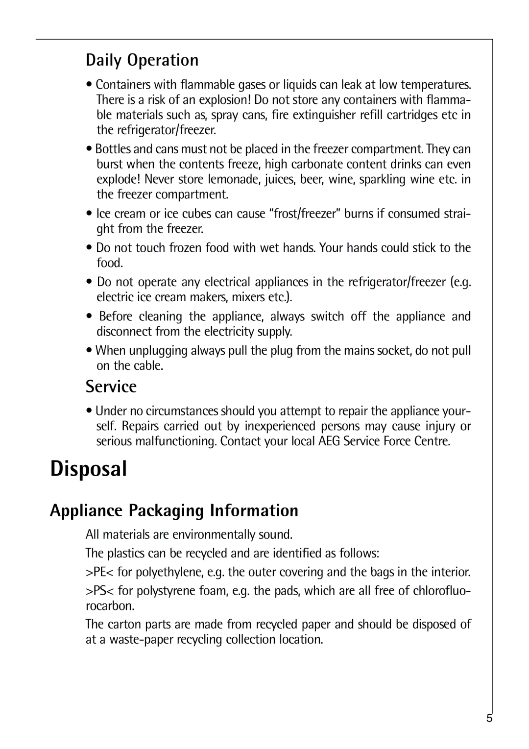 Parkinson Cowan SANTO K 40-5i, SANTO K 9, SANTO K 18 Disposal, Daily Operation, Service, Appliance Packaging Information 