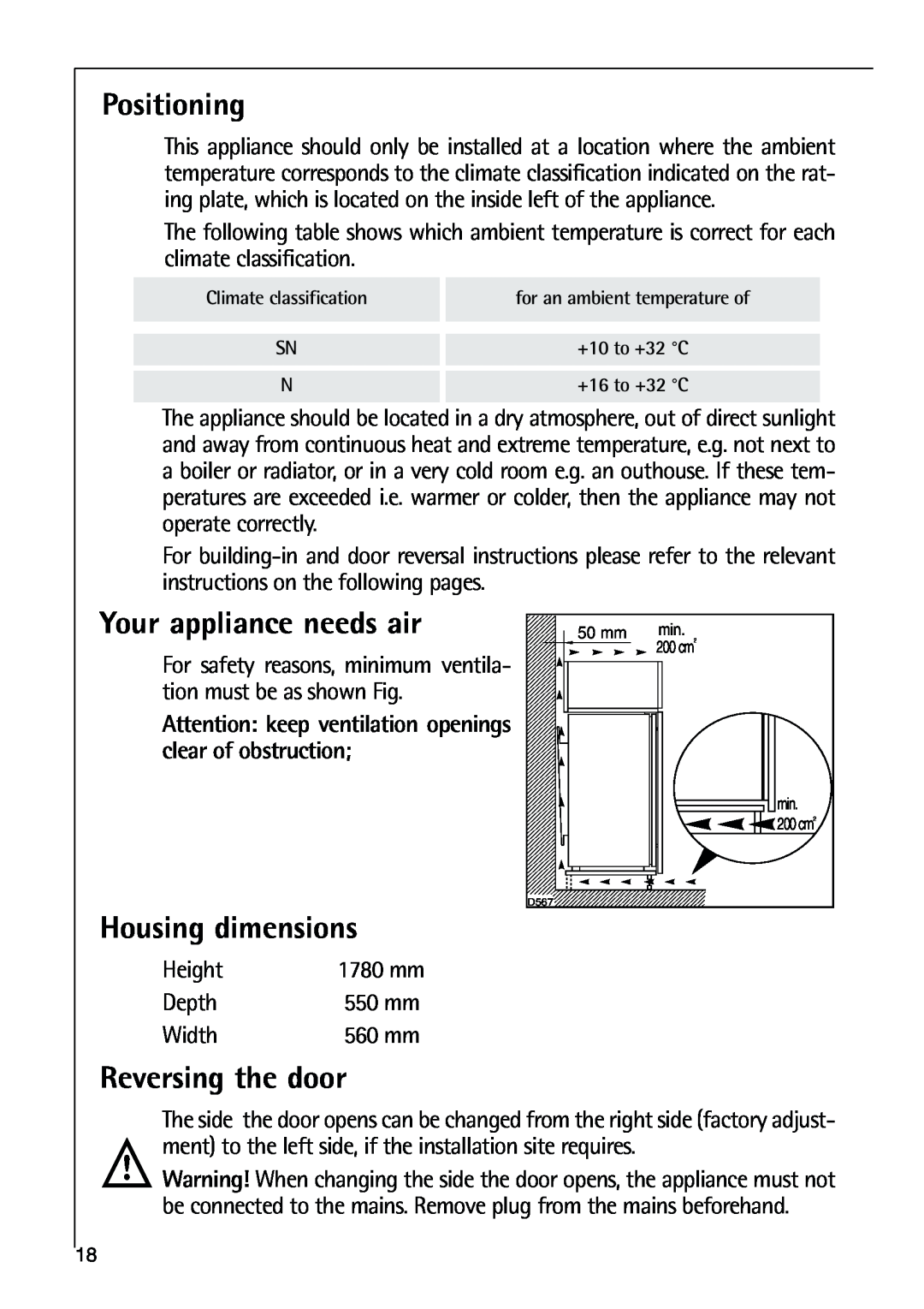 Parkinson Cowan SANTO K 9, SANTO K 18 Positioning, Your appliance needs air, Housing dimensions, Reversing the door 