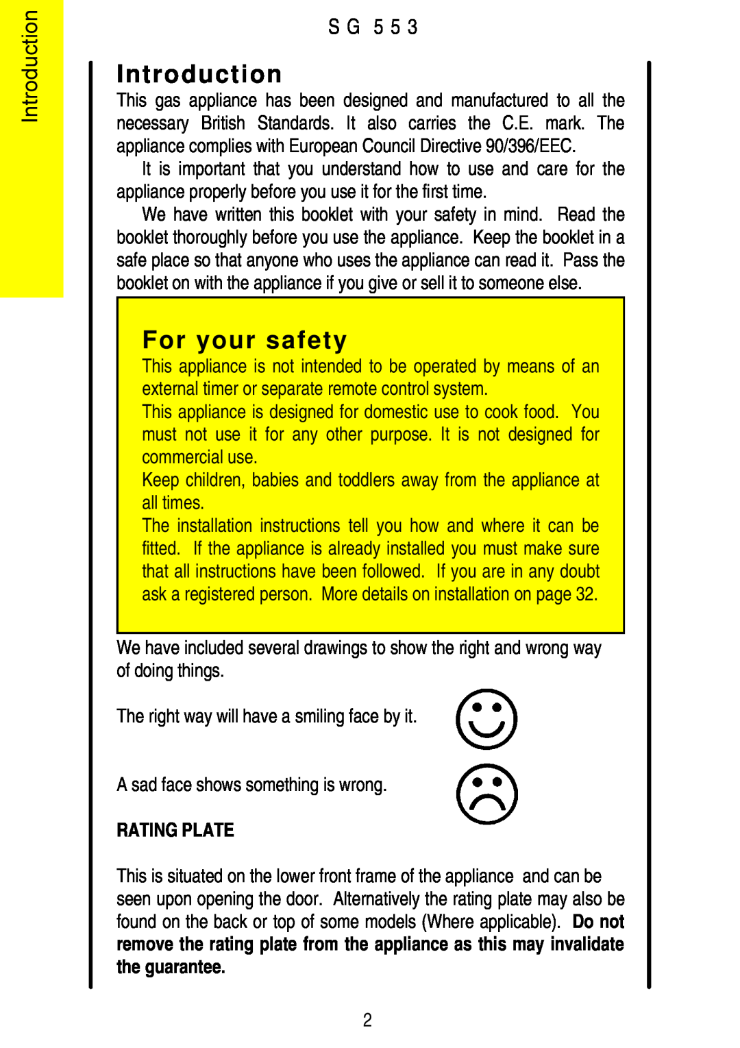 Parkinson Cowan SG 553 installation instructions Introduction, For your safety, S G, Rating Plate 
