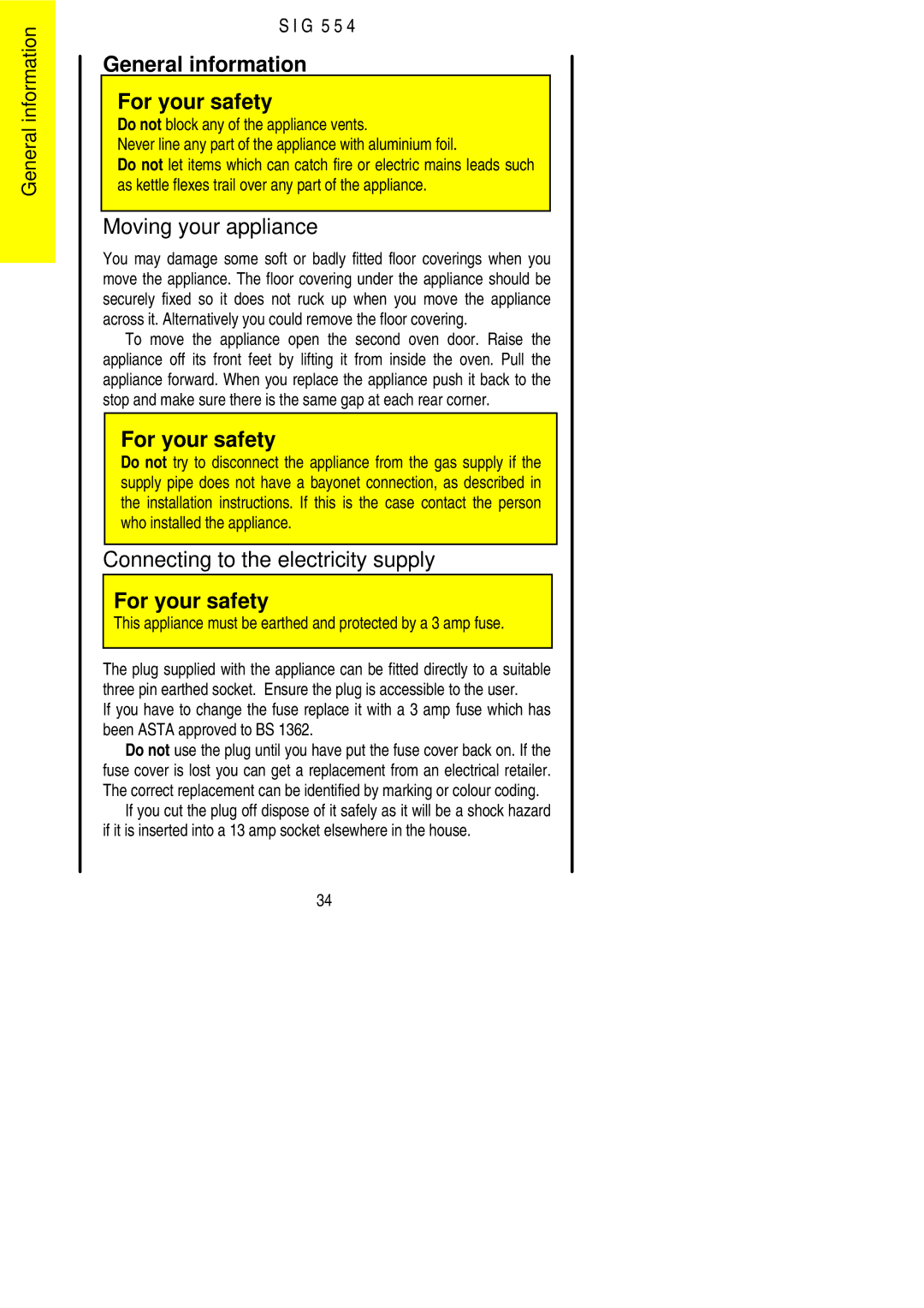 Parkinson Cowan SIG 554 General information For your safety, Moving your appliance, Connecting to the electricity supply 