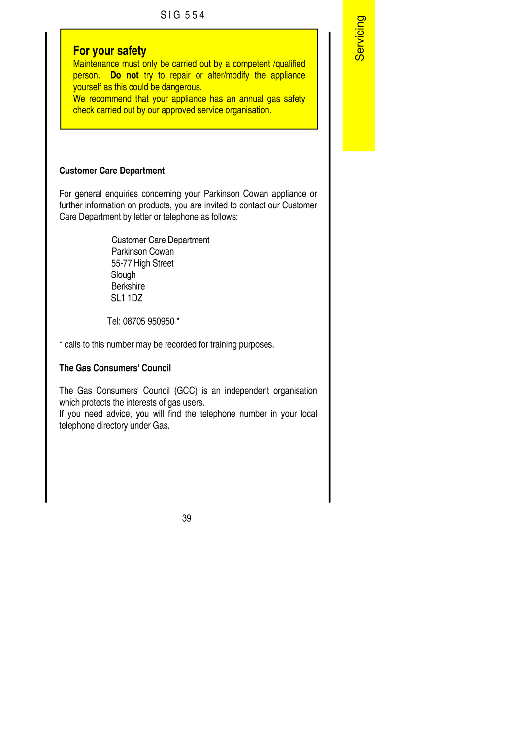 Parkinson Cowan SIG 554 installation instructions Customer Care Department 