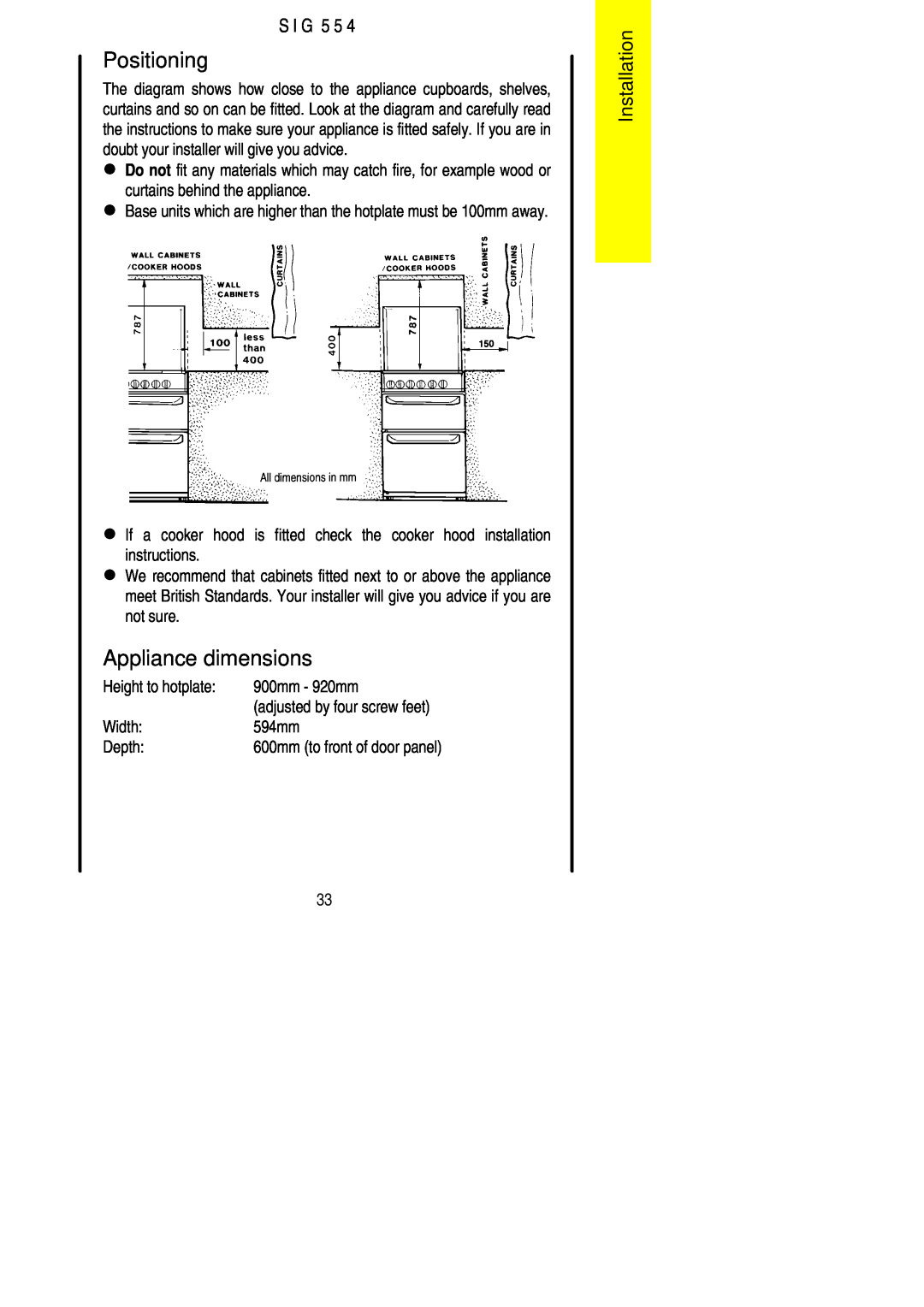 Parkinson Cowan SIG 554 installation instructions Positioning, Appliance dimensions, Installation, S I G 5 5 